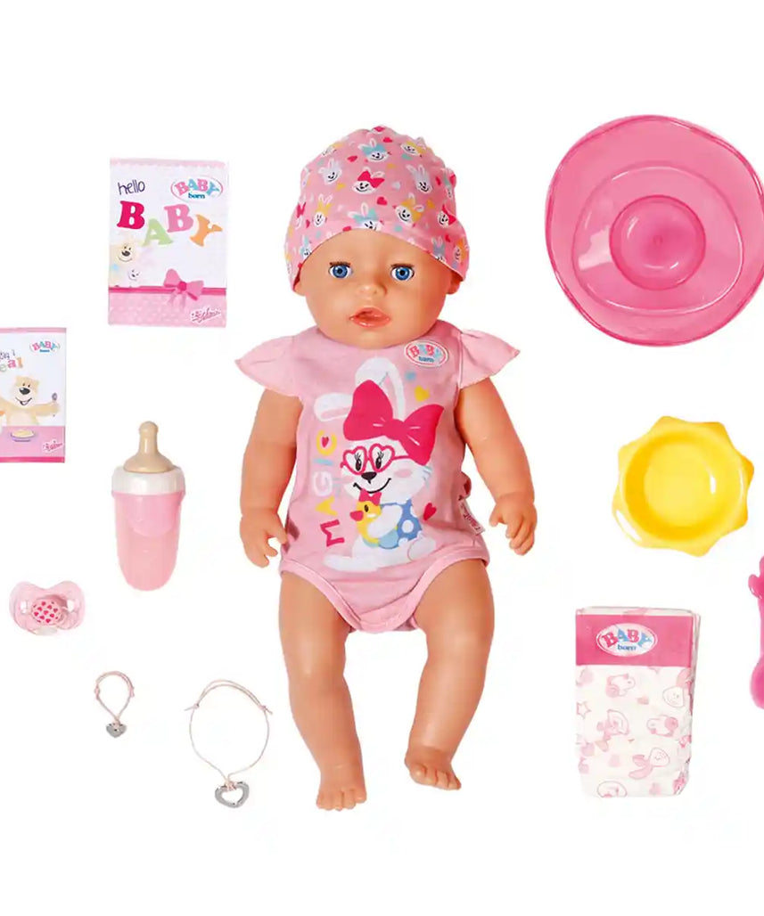 دمية بيبي بورن إيفا، دمية كبيرة 43 سم مع 10 وظائف لعب، طبق سحري للتغذية، نونية، زجاجة، دمية وملحقاتها، للأعمار من 3 سنوات فما فوق، دمى ومنازل وملحقاتها