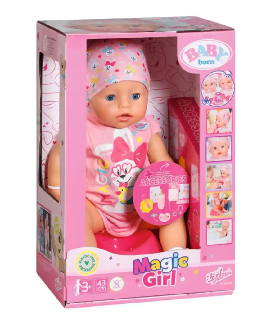 دمية بيبي بورن إيفا، دمية كبيرة 43 سم مع 10 وظائف لعب، طبق سحري للتغذية، نونية، زجاجة، دمية وملحقاتها، للأعمار من 3 سنوات فما فوق، دمى ومنازل وملحقاتها
