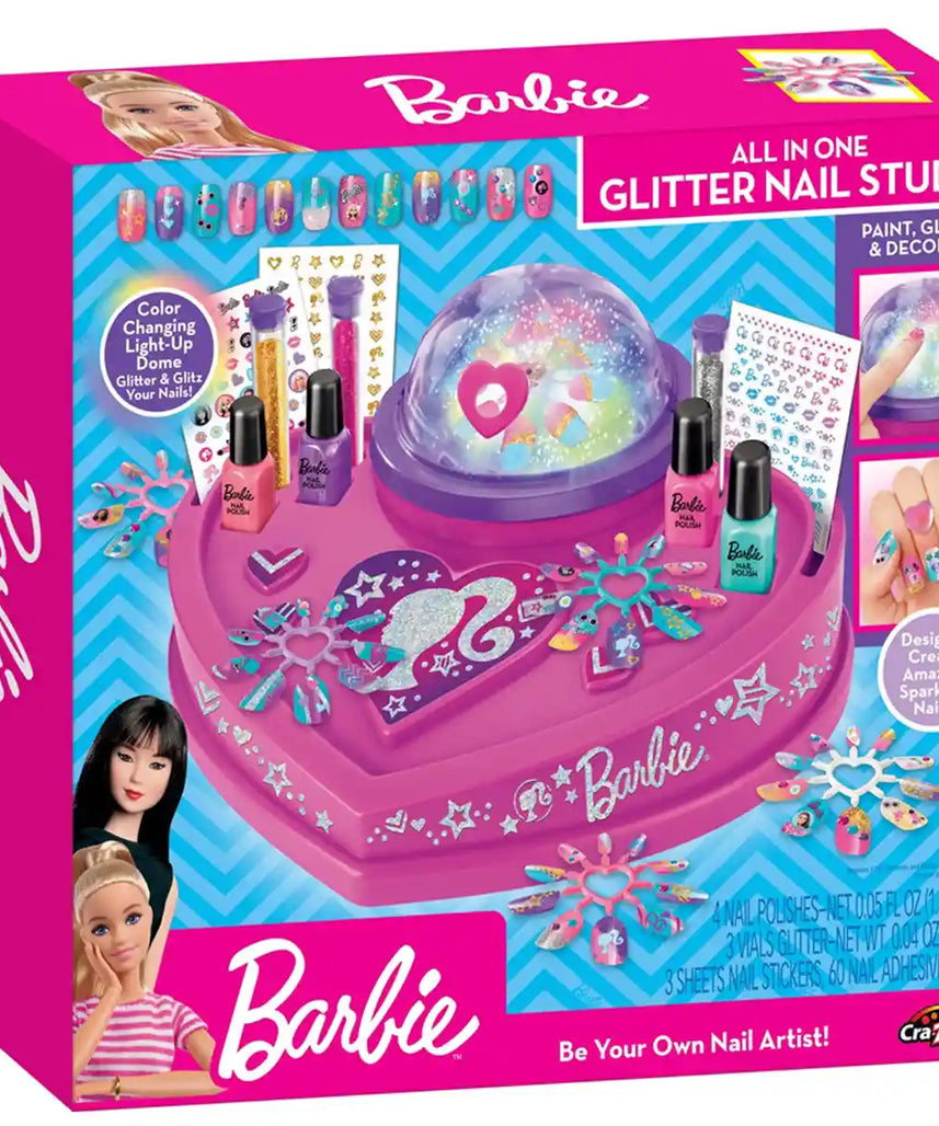 Barbie All-in-One Glitter Nail Studio for Kids Ages 5 and Up with Color-Changing Dome, Trendy Nail Polishes, Glitter, Stickers and Fashionable Nails