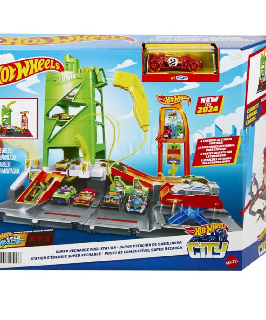 مجموعة محطة الوقود الفائقة هوت ويلز سيتي، مجموعة مسار سيارة لعبة، تتضمن سيارة بمقياس 1:64، مقابض شحن السيارات الكهربائية، رافعات سيارات، منصات إطلاق، مساحة تخزين، ألعاب أطفال