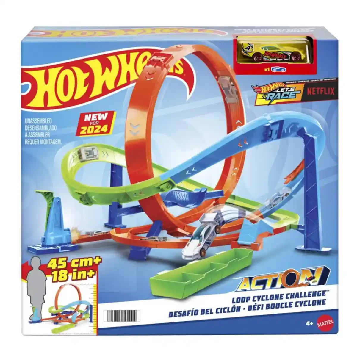 مجموعة ألعاب هوت ويلز أكشن هايبر لوب إكستريم، مجموعة مسارات سيارات لعبة، طريقتان للعب، حلقات إطلاق قوية، قفز وتسجيل نقاط، تخزين سهل، تتضمن سيارة بمقياس 1:64، ألعاب أطفال