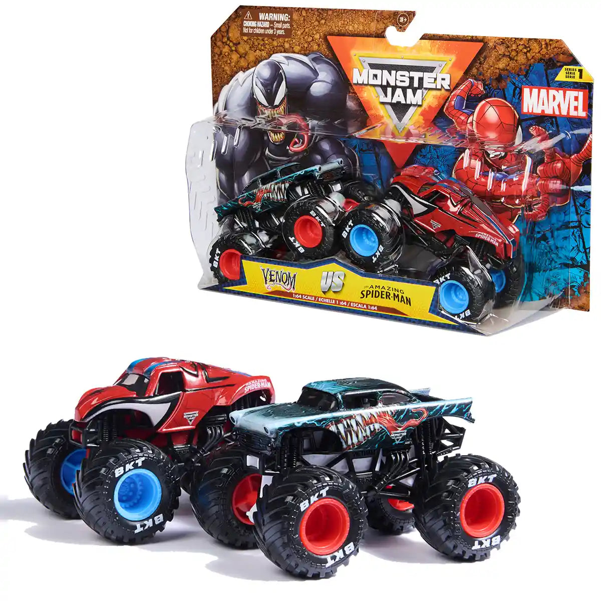 مجموعة Monster Jam Marvel بمقياس 1:64، شاحنتان مصبوبتان، Spider-Man، Venom، Iron Man، War Machine، أنماط متنوعة، للأعمار من 3 سنوات فما فوق