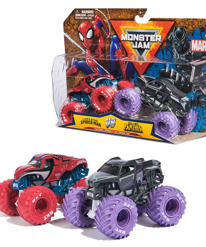 مجموعة Monster Jam Marvel بمقياس 1:64، شاحنتان مصبوبتان، Spider-Man، Venom، Iron Man، War Machine، أنماط متنوعة، للأعمار من 3 سنوات فما فوق