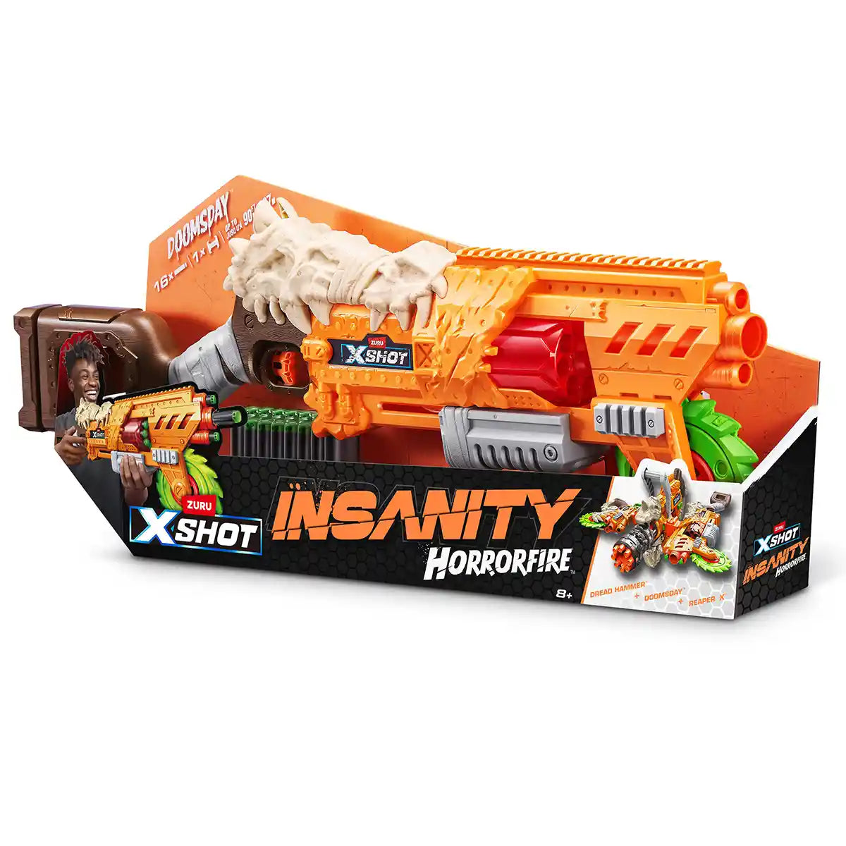 XSHOT Horror FIRE Series 1 Doomsday Blaster Foam Dart Gun with 16 Air Pocket Technology Darts, Spinning Saw Blade, High Power Long Range Blaster Toy for Boys and Girls 8+