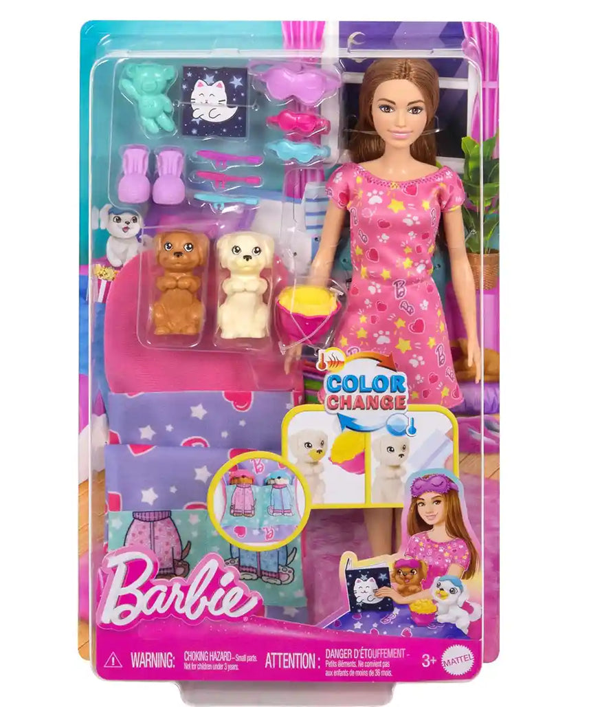 مجموعة ألعاب باربي لحفلة نوم الجراء مع دمية وجروين ومتعة تغيير الألوان و10 ملحقات للأطفال من سن 3 سنوات فما فوق