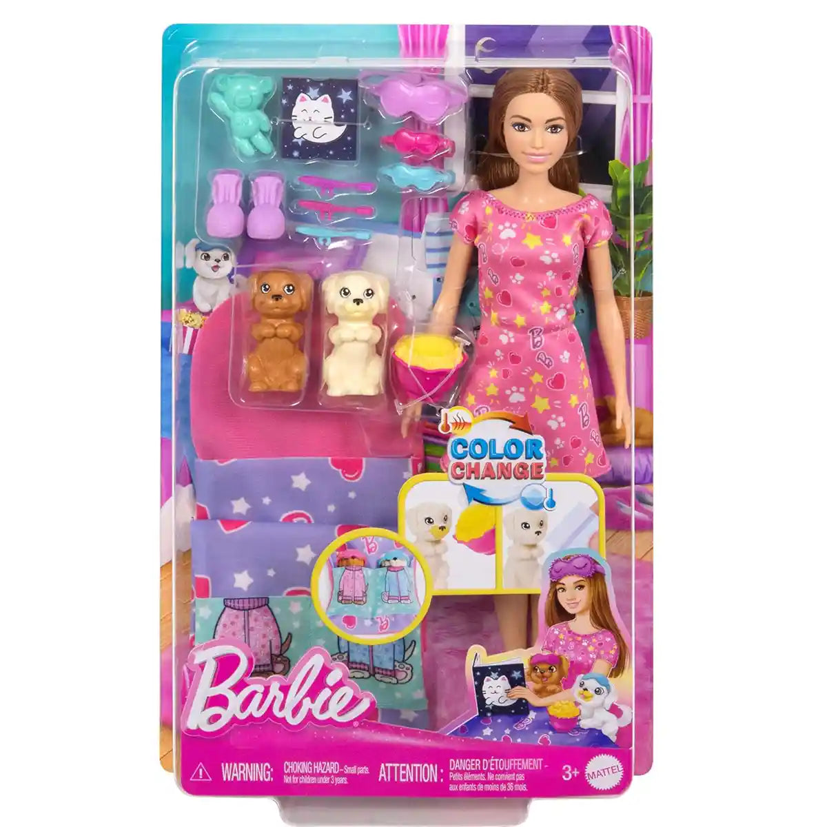 مجموعة ألعاب باربي لحفلة نوم الجراء مع دمية وجروين ومتعة تغيير الألوان و10 ملحقات للأطفال من سن 3 سنوات فما فوق