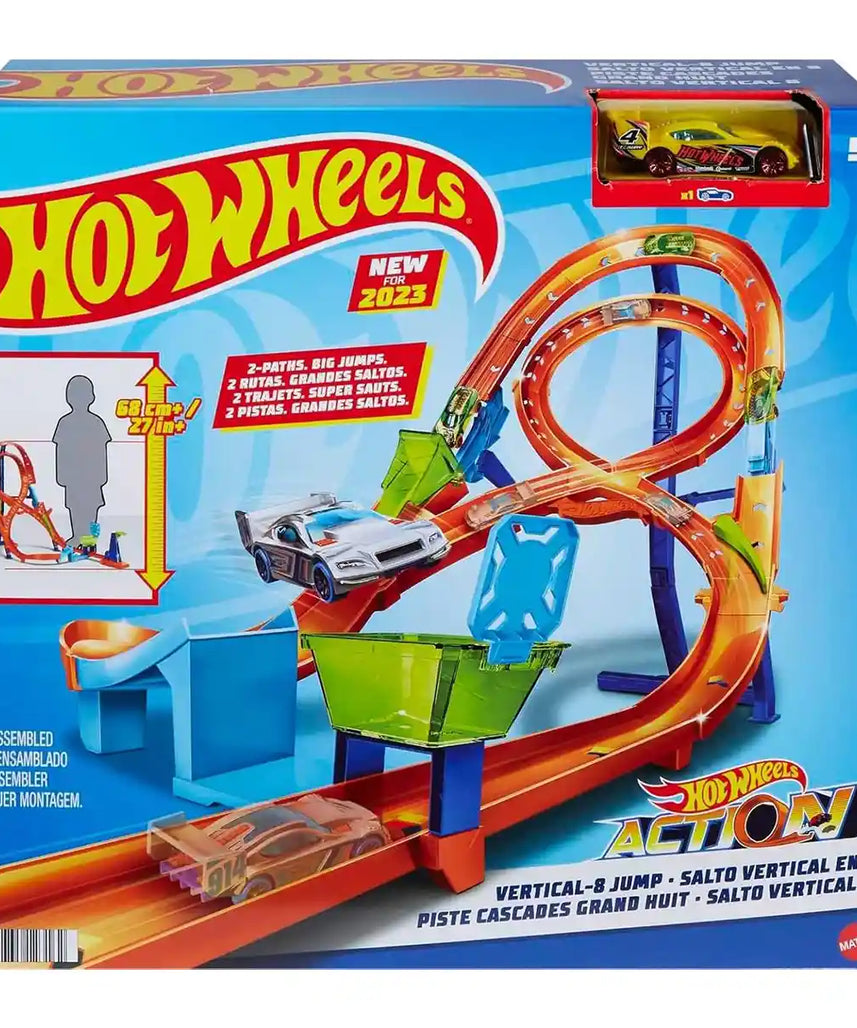 Hot Wheels Action Vertical 8 Jump Track Set, Two-Path Stunt and Race Track with Catch Cup, Includes 1 Hot Wheels Vehicle, Connects to Other Sets, Kids Toys for Ages 3 and Up