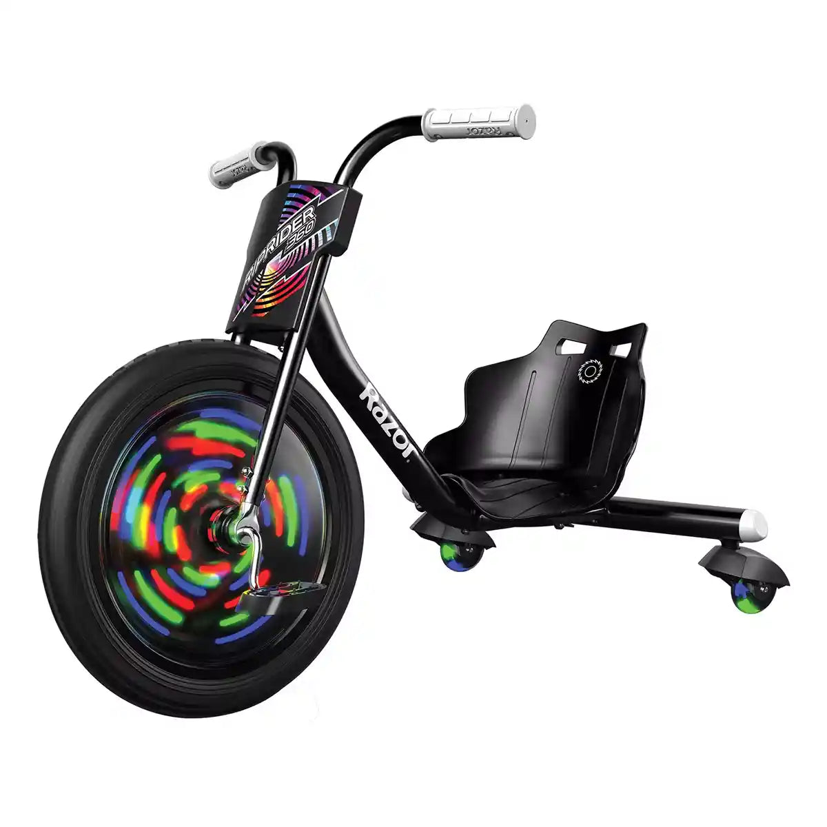 دراجة Razor RipRider 360 Lightshow Drifting ثلاثية العجلات للأطفال من سن 5 سنوات فما فوق، مزودة بدواسة ومصابيح LED متعددة الألوان تعمل بالحركة وعجلات خلفية