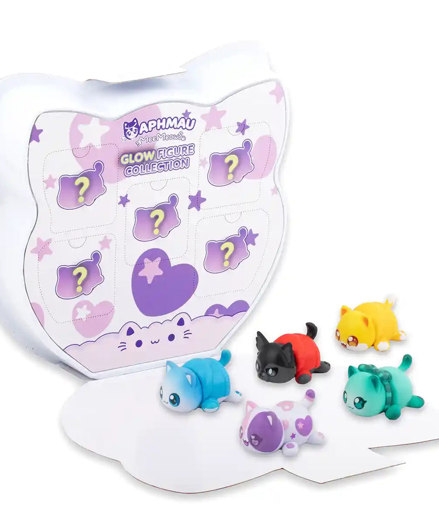 مجموعة مجسمات أفماو وأصدقائه الغامضة المضيئة، 5 قطع من مجسمات القطط القابلة للتجميع، شخصيات حصرية متوهجة في الظلام: قط أفماو، قطة نوي، قطة كيم، قطة بيرس، قطة آرون، منتجات أفماو الرسمية