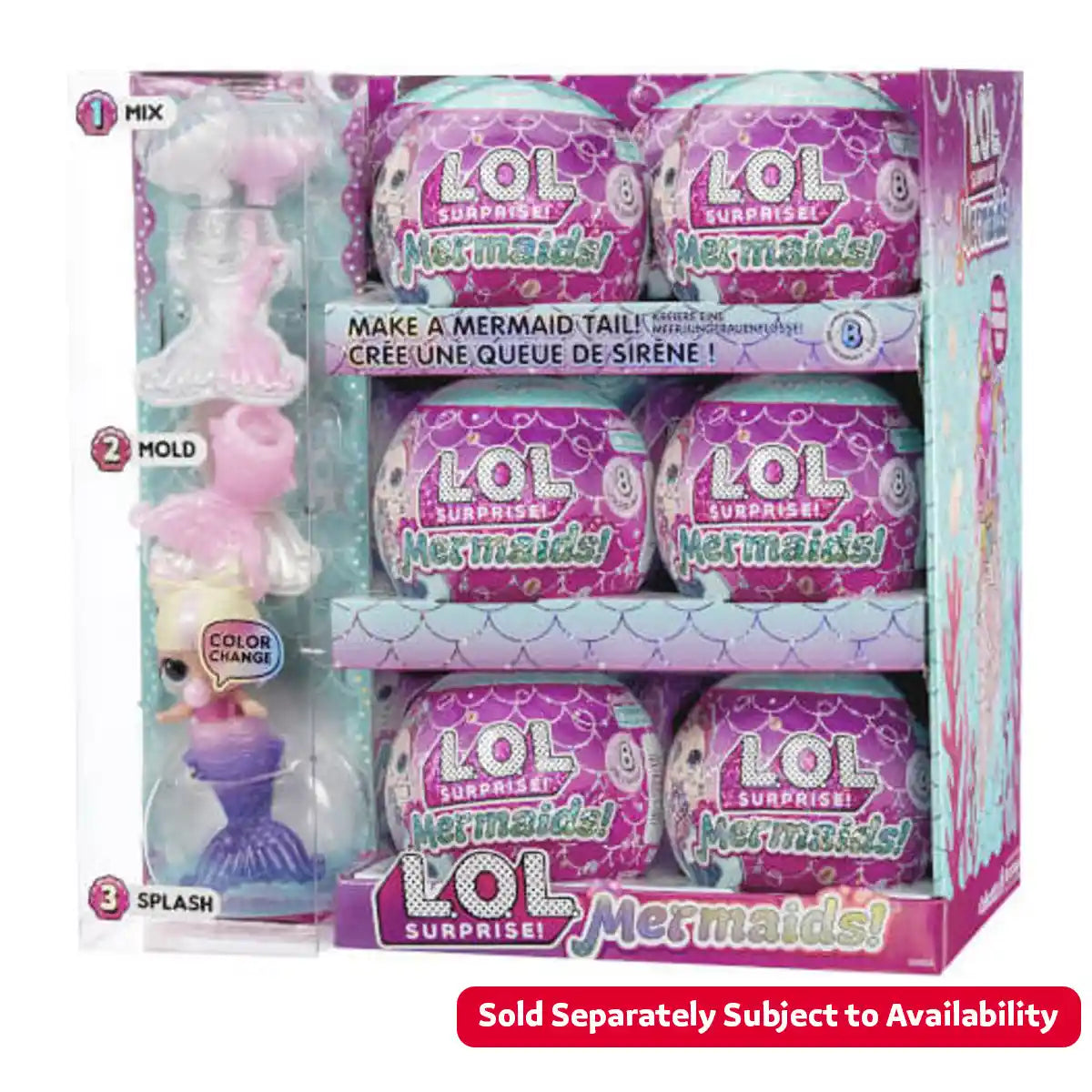 مفاجأة LOL! حورية البحر الصغيرة، ذيل متغير اللون، اصنعي ذيل حورية البحر الخاص بكِ، 8 دمى قابلة للتجميع مع إكسسوارات أنيقة، لعبة إبداعية للأطفال من سن 4 سنوات فما فوق