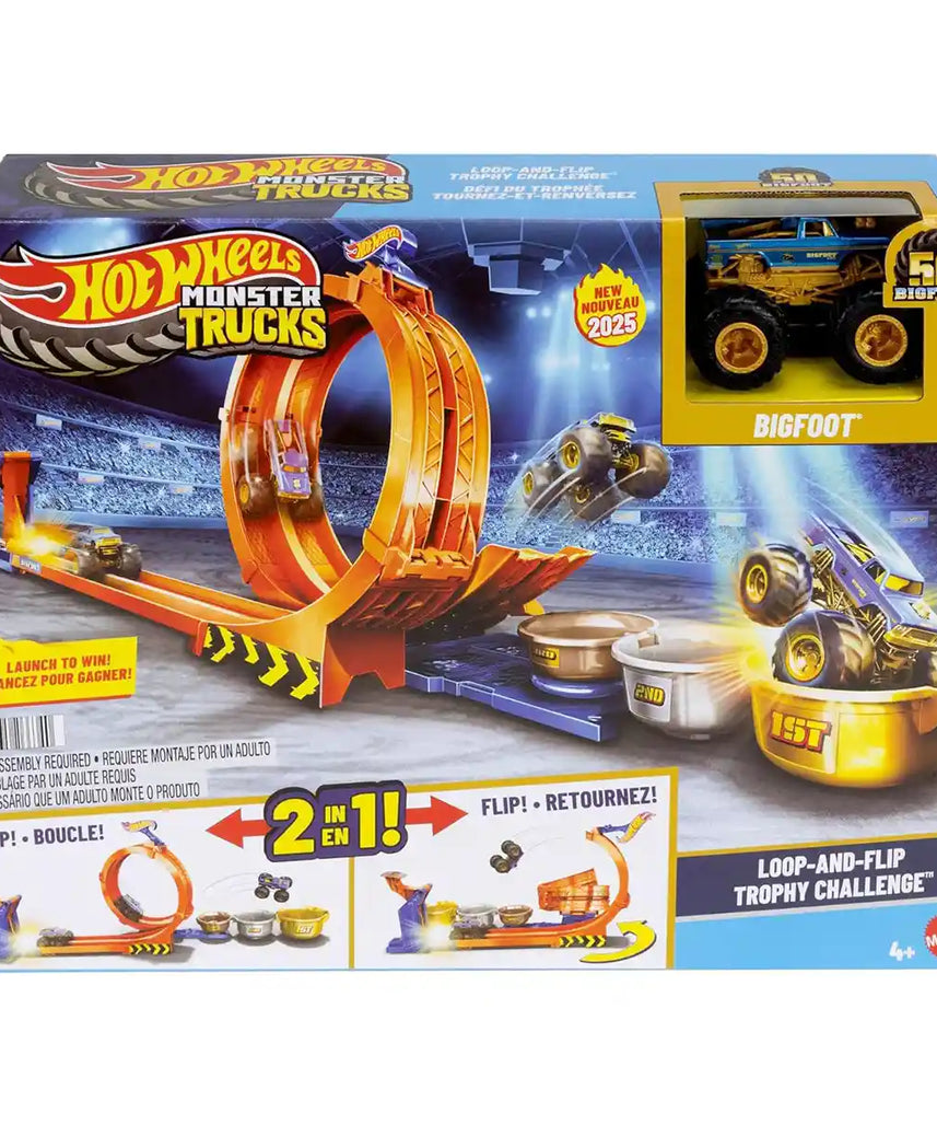 مجموعة ألعاب تحدي الكأس الدائرية والقلابة من هوت ويلز مونستر تراكس مع شاحنة بيج فوت المصبوبة بمناسبة الذكرى الخمسين، ومسار حركات بهلوانية، وأكواب الكأس، وألعاب للأطفال من سن 4 سنوات فما فوق
