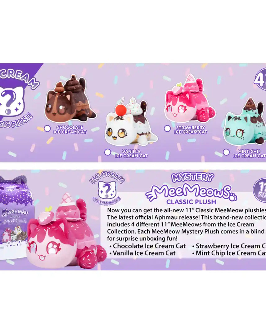دمية أفماو مي ميوز الكلاسيكية الغامضة، مقاس 11 بوصة، مجموعة آيس كريم، صندوق أعمى مع واحدة من 4 قطط محشوة، شوكولاتة، فانيليا، فراولة، رقائق النعناع، بضائع أفماو الرسمية، حيوانات محشوة وألعاب قطيفة