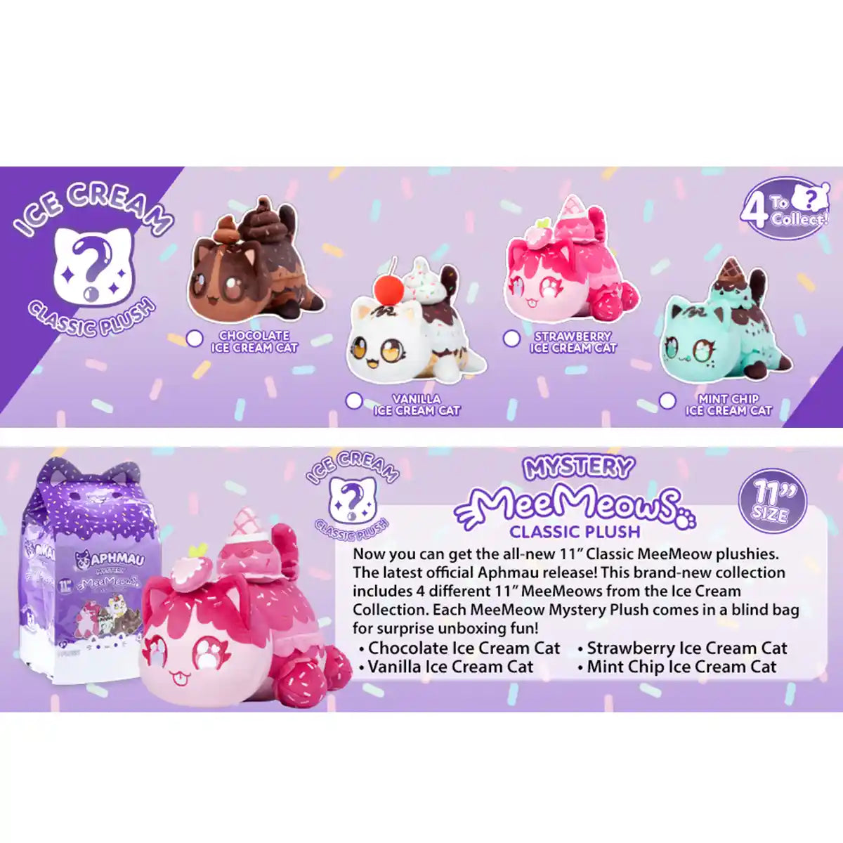 دمية أفماو مي ميوز الكلاسيكية الغامضة، مقاس 11 بوصة، مجموعة آيس كريم، صندوق أعمى مع واحدة من 4 قطط محشوة، شوكولاتة، فانيليا، فراولة، رقائق النعناع، بضائع أفماو الرسمية، حيوانات محشوة وألعاب قطيفة