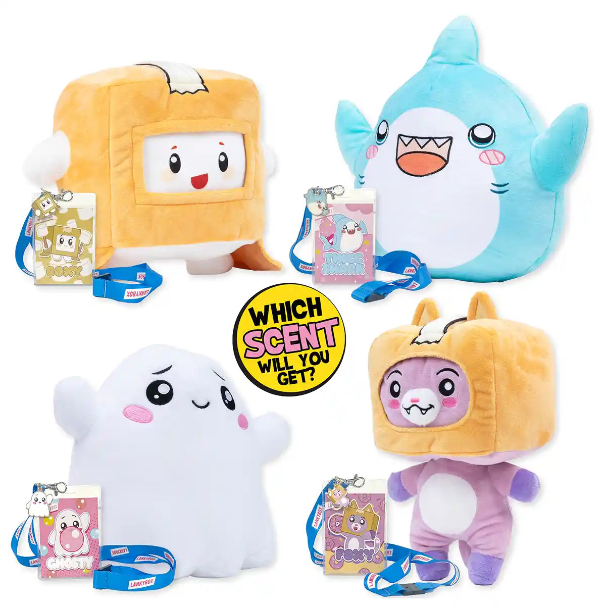 LankyBox Mystery Plush 11 Inch Soft Collectible Plush Toy, Scented Surprise Doll with Mystery Lanyard, Foxy Boxy Thicc Shark Ghosty, Official LankyBox Merch for Kids 3+