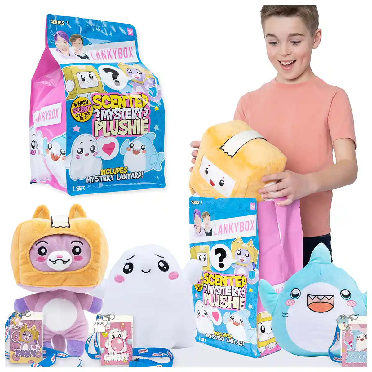 LankyBox Mystery Plush 11 Inch Soft Collectible Plush Toy, Scented Surprise Doll with Mystery Lanyard, Foxy Boxy Thicc Shark Ghosty, Official LankyBox Merch for Kids 3+