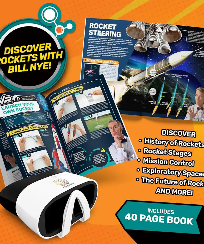 مجموعة علوم الصواريخ بيل ني من أباكوس براندز مع نظارات الواقع الافتراضي، ومجموعة أنشطة مختبر الصواريخ المكونة من 23 قطعة وكتاب تعليمي من 40 صفحة، لعبة علمية وتعليمية مرخصة رسميًا للأطفال من سن 8 سنوات فما فوق
