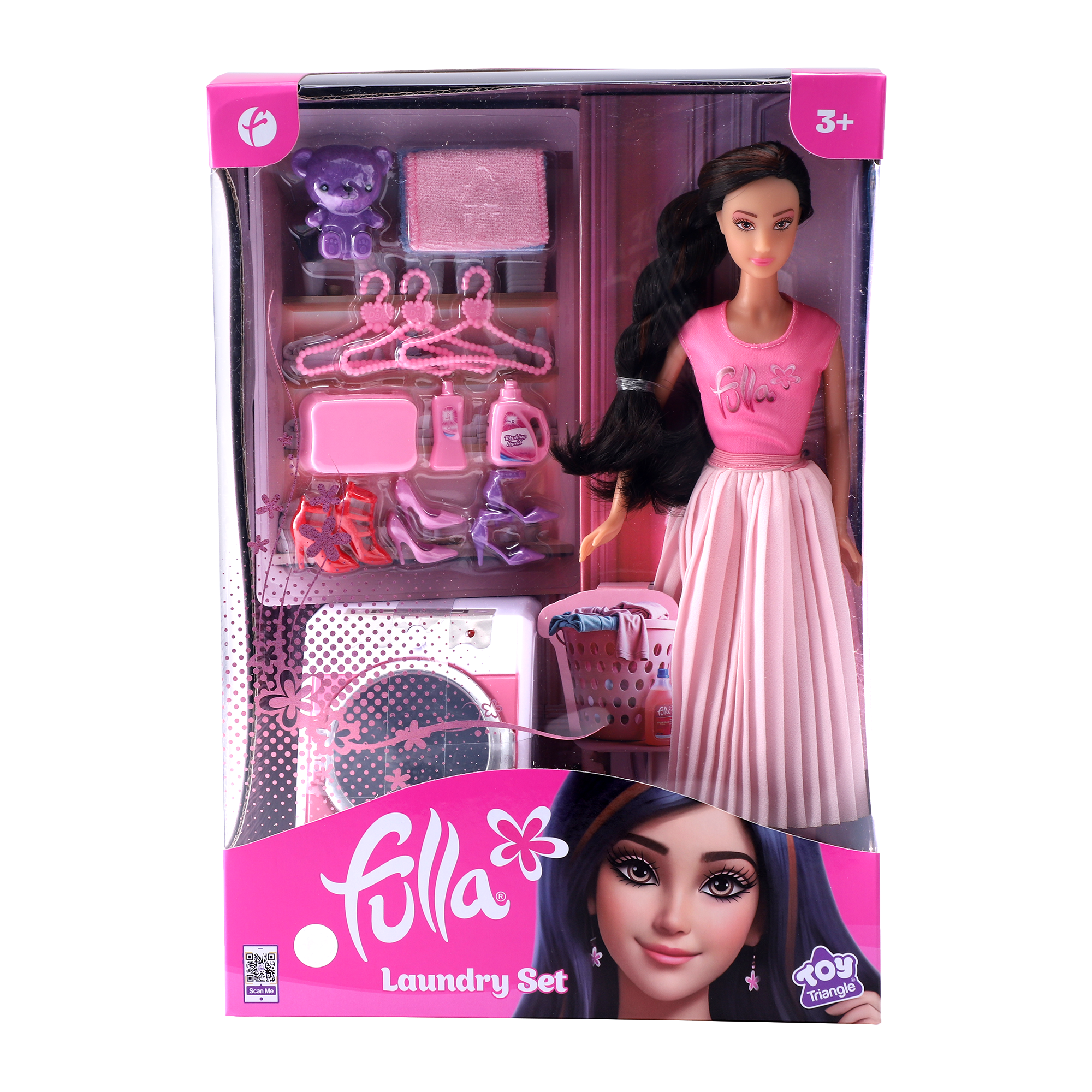 Fulla Doll with Washing Machine Playset, Light and Sound Laundry Toy with Towels, Hangers, Bear and Accessories, Interactive Role-Play Set for Girls Ages 3 and Up