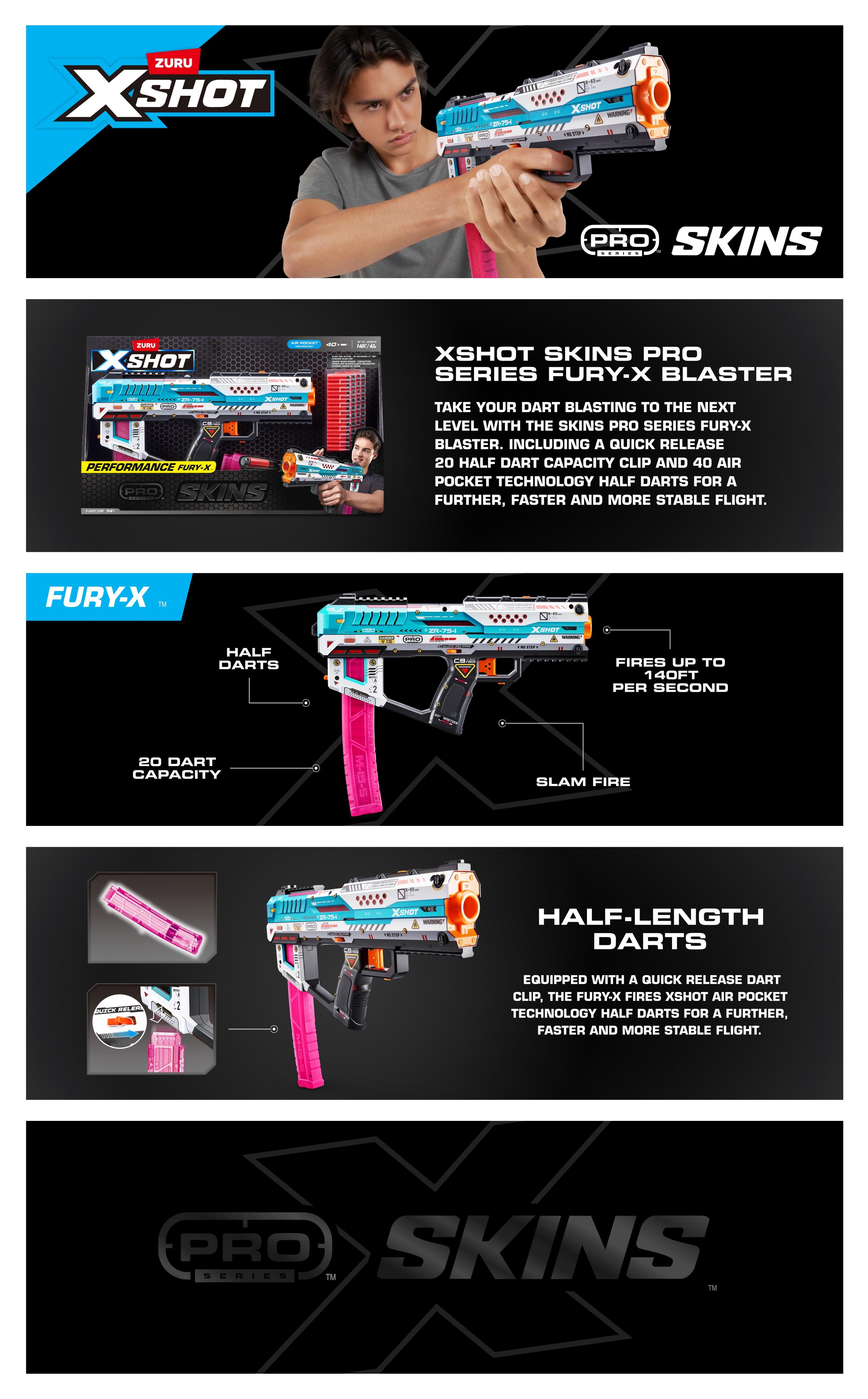 XSHOT Skins Pro Series Fury X Blaster Toy Gun for Boys & Teens, Age 14+, 40 Foam Half Darts, Slam Fire Action, 20-Dart Quick-Release Clip, Air Pocket Technology, 140ft Range