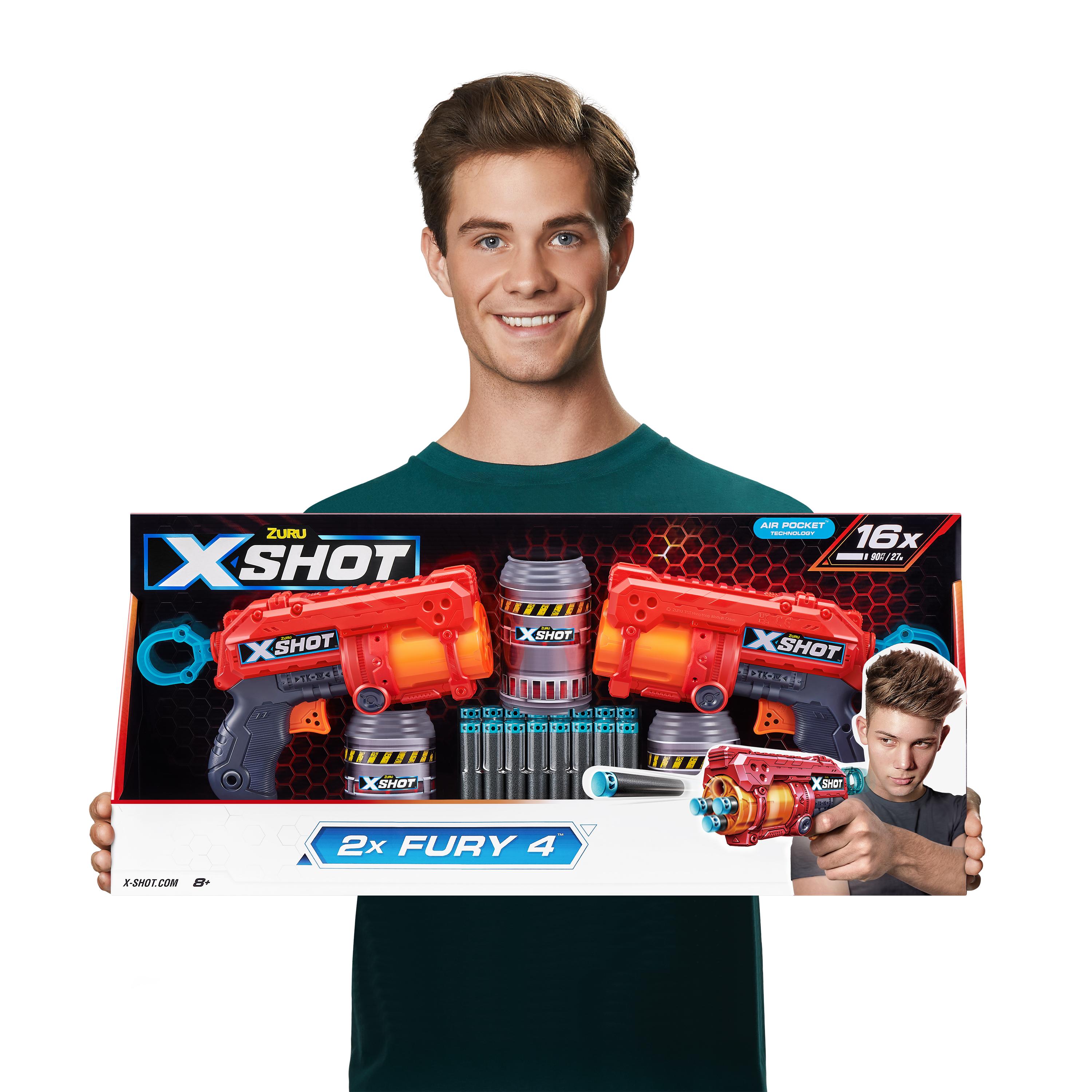 X-Shot Excel Double Fury 4 Blaster Combo Pack for Kids Ages 6+, 16 Darts & 3 Can Targets