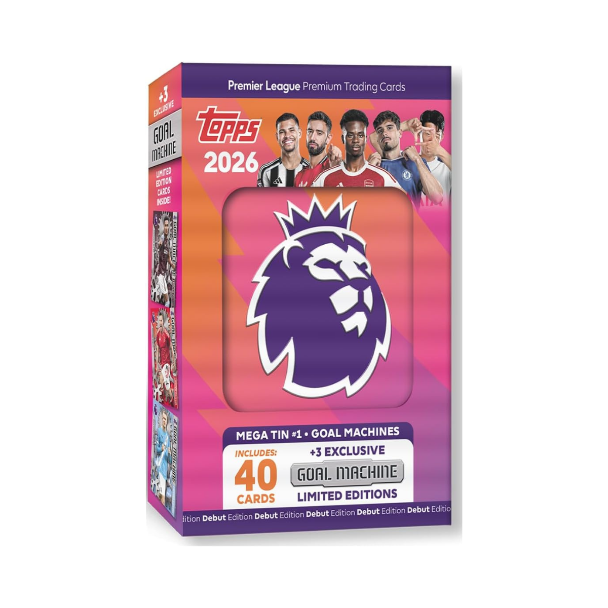 Topps Premier League 2025 2026 Football Trading Cards Mega Tin Goal Machines Edition, Includes 40 Cards and 3 Exclusive Limited Edition Cards, Official Premier League Collectible for Kids and Adult Fans