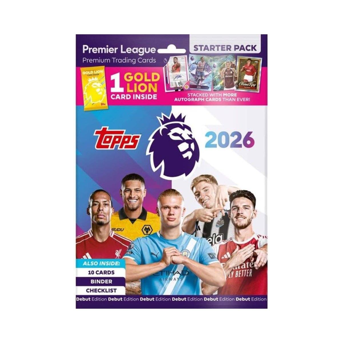 Topps Premier League 2025 2026 Football Trading Cards Starter Pack, Includes 10 Cards with Special Inserts, Gold Lion Limited Card, Collector Binder Checklist and Guide, Official Premier League Collectible for Kids and Adults