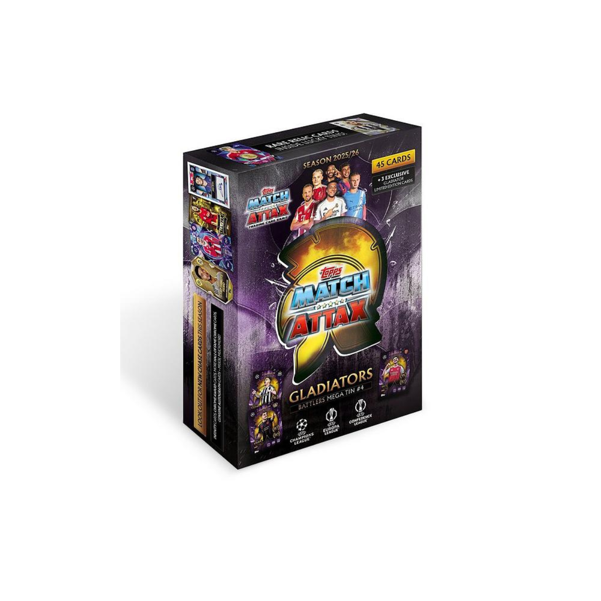 Topps Match Attax UCC 2025 2026 Mega Tin Collectible Football Trading Cards with 45 Cards and Exclusive Gladiators Limited Editions, Official UEFA Licensed, Assorted Mega Tin