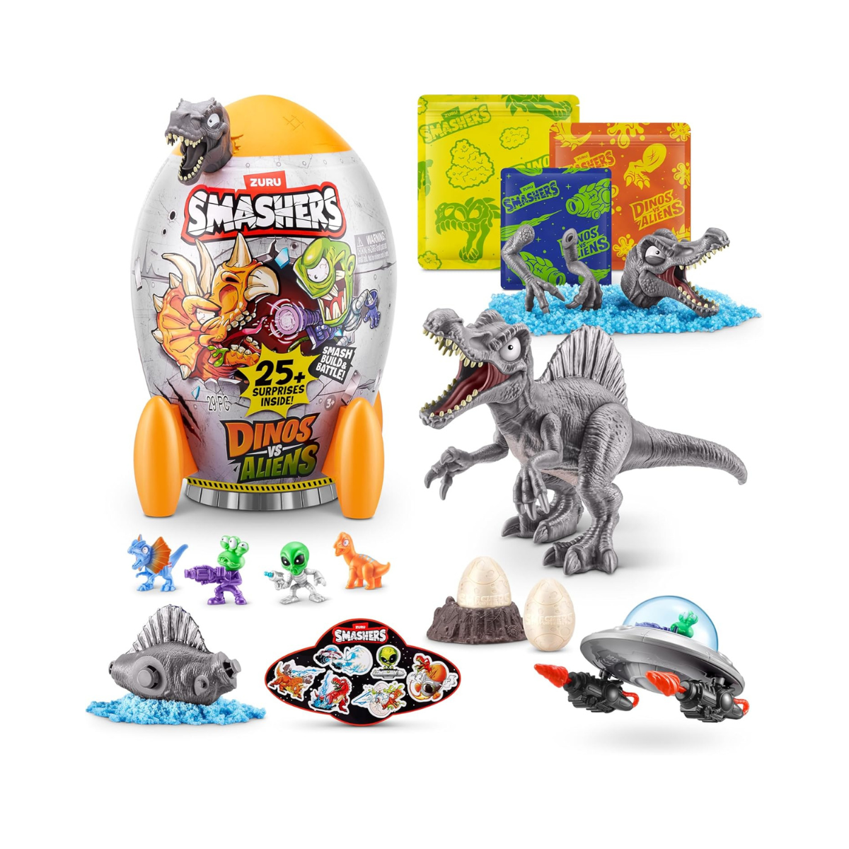 Smashers Dinos vs Aliens Rocket with 20+ Surprises Dinosaur and Alien Build Set for Kids, Slime Dirt Excavation, Smash and Build Action Figure Toy, Spinosaurus Theme, Ages 3+