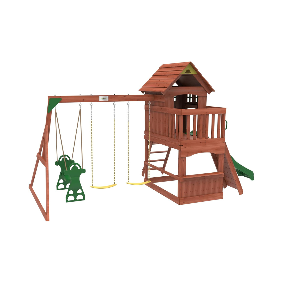 Kiddoro Playful Peaks Wooden Outdoor Playset with Slide, Swings, Glider & Climbing Wall for Kids 3+ Years