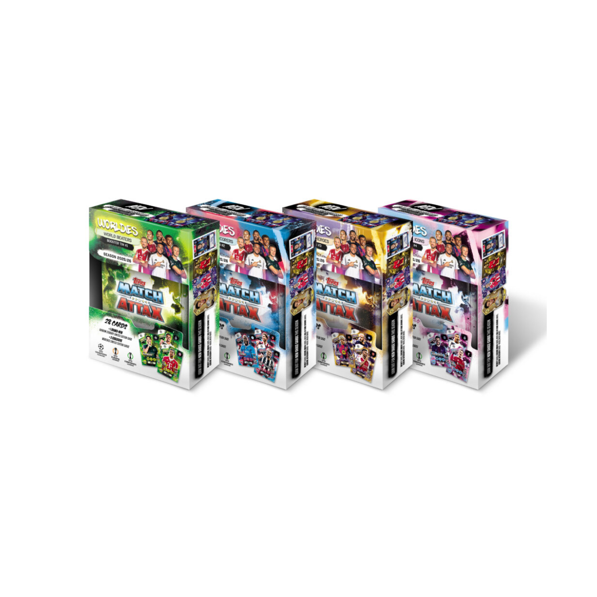 Topps Match Attax UCC 2025 2026 Mini Tin Collectible Football Trading Cards with 32 Cards and Exclusive Worldies Limited Editions, Official UEFA Licensed, Assorted Tin