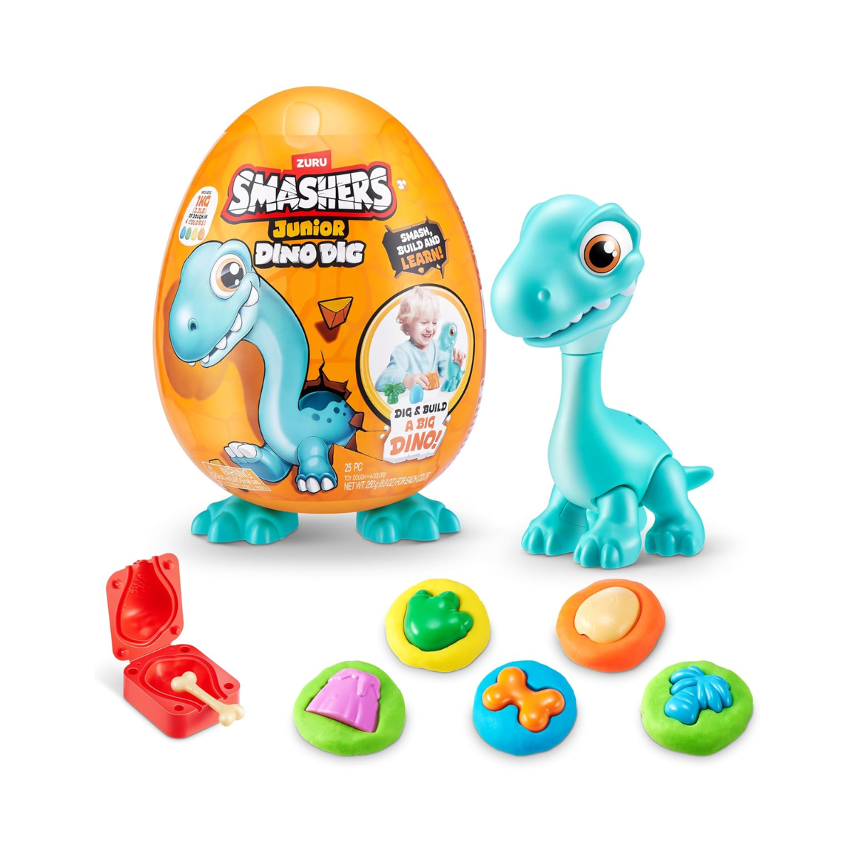 Smashers Junior Dino Dig Large Egg Brontosaur by ZURU, 18+ Surprises, Dinosaur Preschool Toy, Build + Construct Sensory Play for Kids 18 Months to 3 Years, Includes 1kg Clay + 6 Moulds + Stickers, Moveable Dino Figure