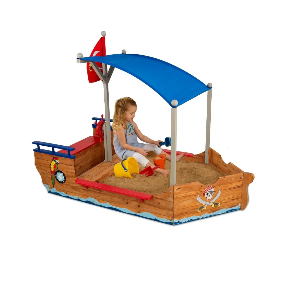 KidKraft Pirate Sand Boat Sandbox with Canopy and Storage, Wooden Outdoor Sand Play Boat for Kids Ages 5 and Up, Weather Resistant Wood, Large Play Area, Pirate Theme