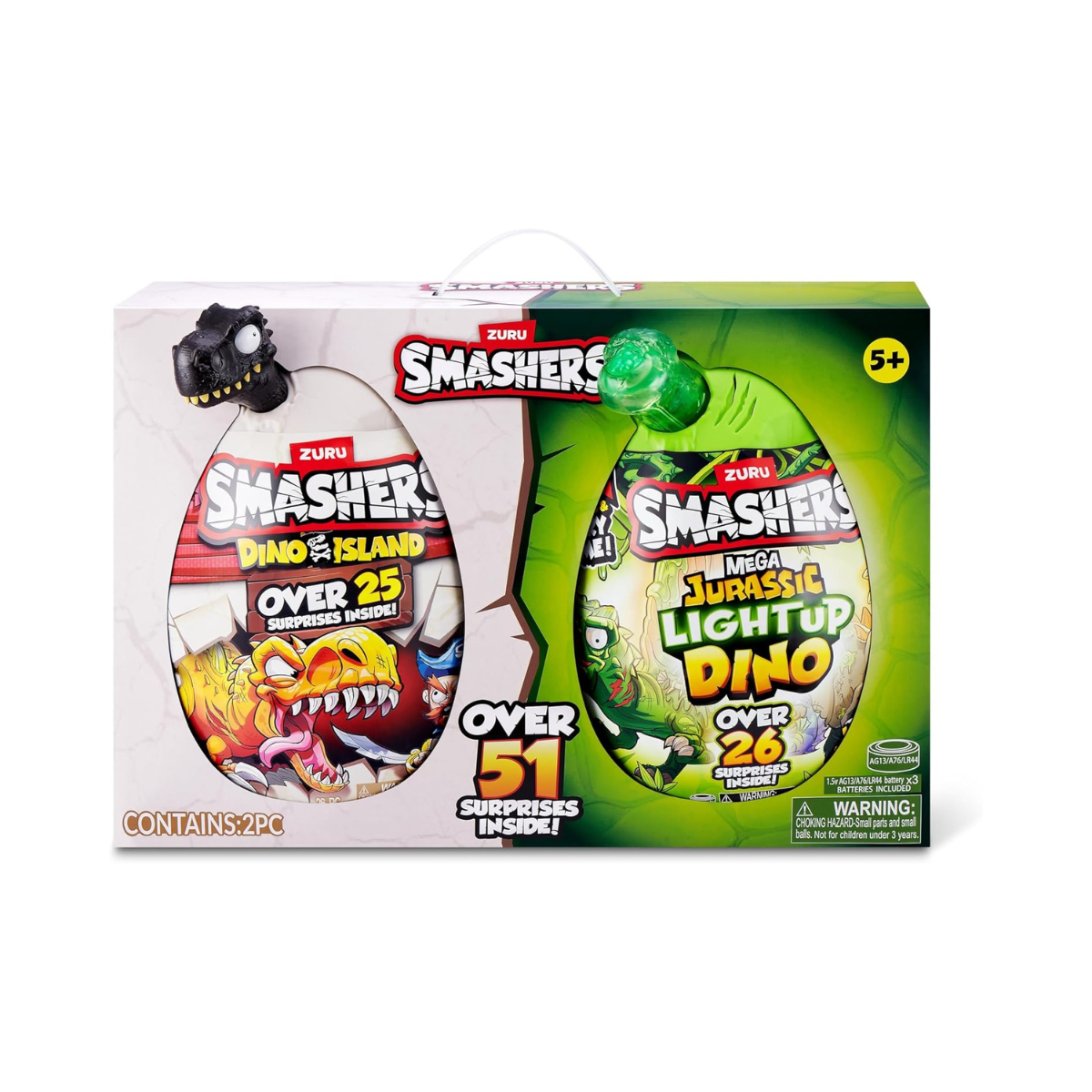 Zuru Smashers Mega Dino Combo Pack Dino Island and Jurassic Light Up Dino Egg with 25+ Surprises Slime Sand Foam Mini Eggs Buildable Dinosaurs Light Up and Roaring Features Collectible Toy Playset for Kids 5+
