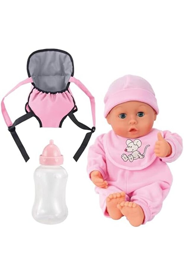 Bayer Design 93300AF My First Baby 13 inch Baby Doll, Set with Toddler, Dolls Carrier and Bottle, Interactive with Sounds, pink with mouse design