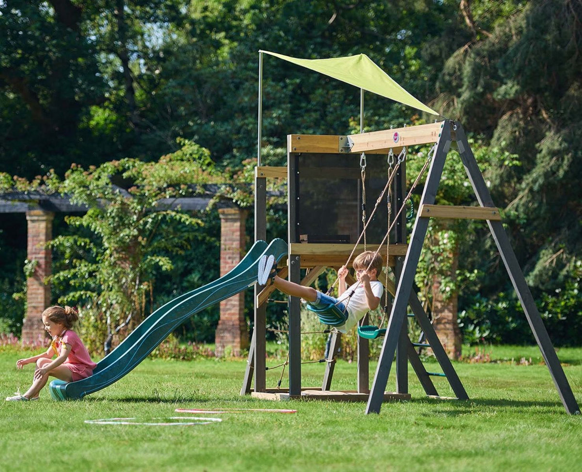 Plum® Siamang Wooden Playcentre, Swing and Slide Set, FSC® Certified Climbing Frame with Sandpit & Sunshade, Outdoor Play Set, Ages 3+