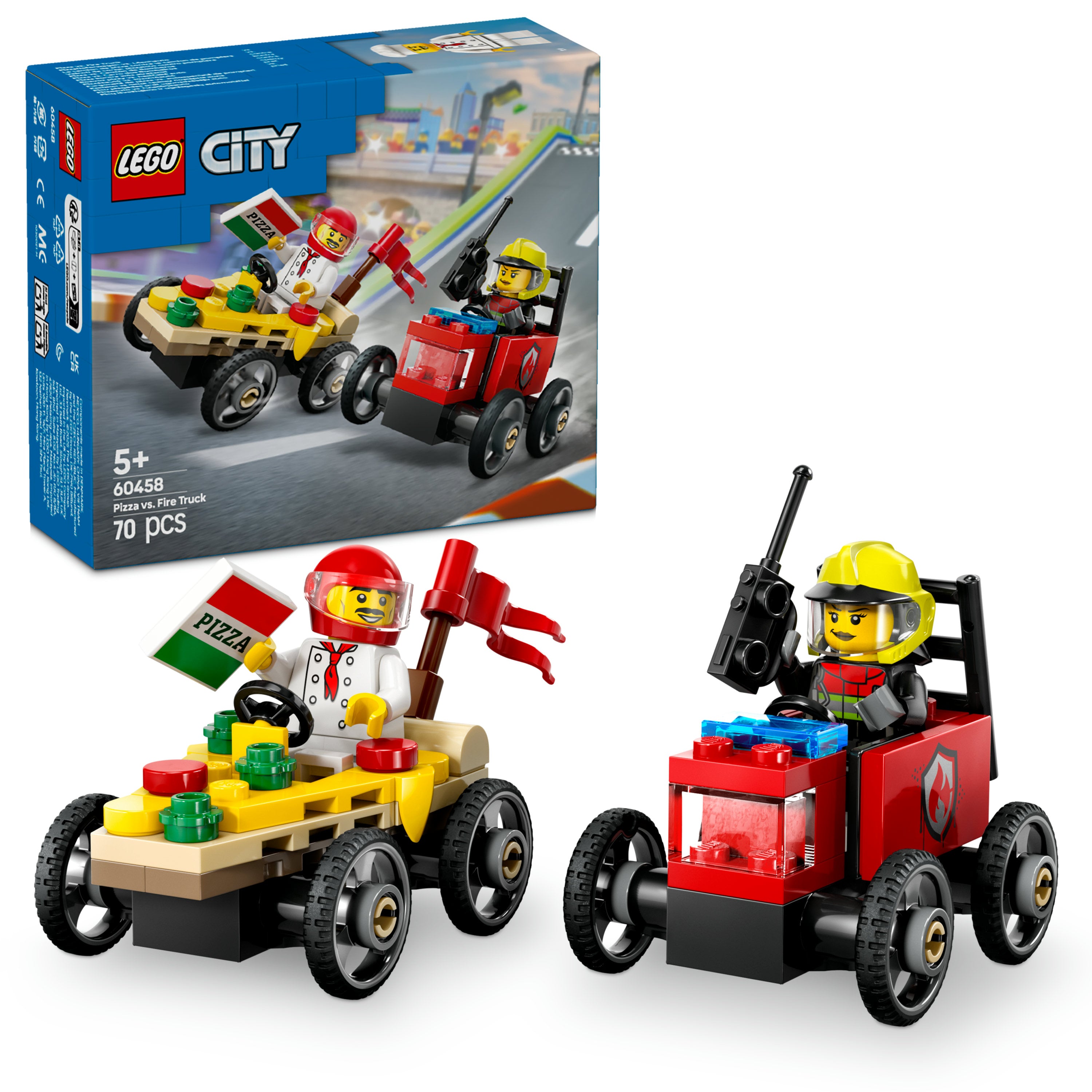 LEGO City 60458 Pizza vs Fire Truck Race Car V29 for Boys 5+ Fast Action Vehicle Set with Mini Figures