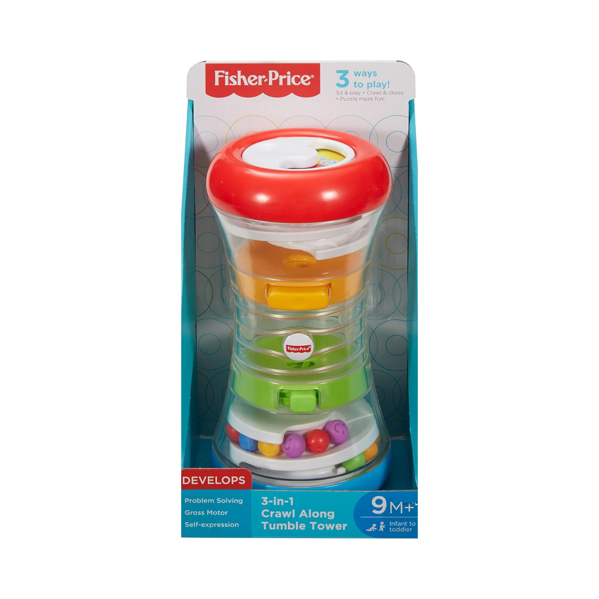 Fisher Price 3 in 1 Crawl Along Tumble Tower, DRG12 Activity Toy, Multi Color, Sit and Play Roll and Chase Puzzle Maze Toy for Babies, Fine Motor Skill Development, 9 Months and Up