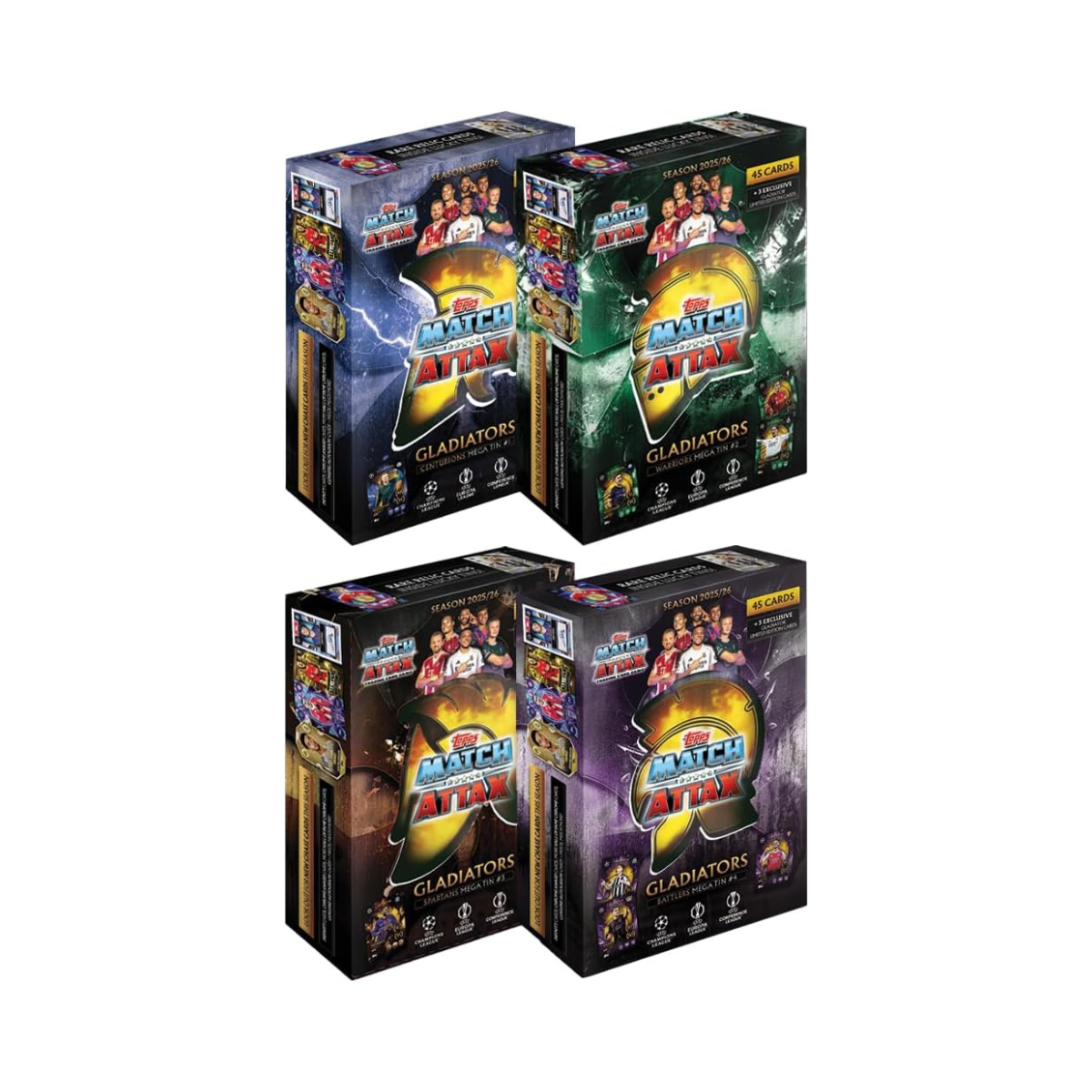 Topps Match Attax UCC 2025 2026 Mega Tin Collectible Football Trading Cards with 45 Cards and Exclusive Gladiators Limited Editions, Official UEFA Licensed, Assorted Mega Tin