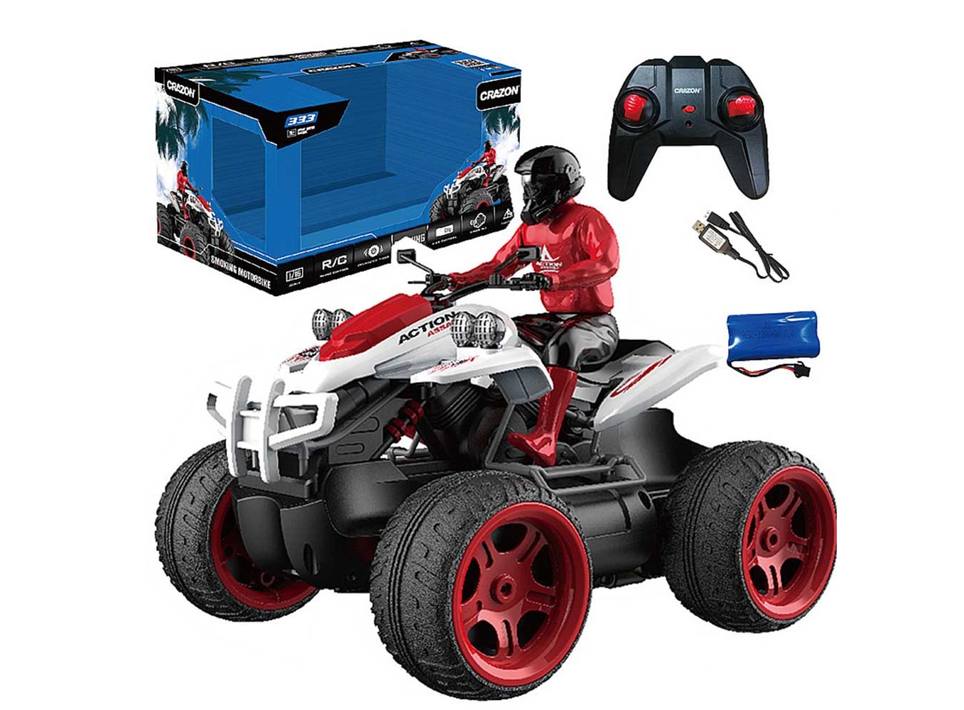 Crazon 1:16 Smoking Quad Bike RC, 4WD Stunt Motorcycle with Lights Smoke 20kmh Speed 25m Range for Kids Boys
