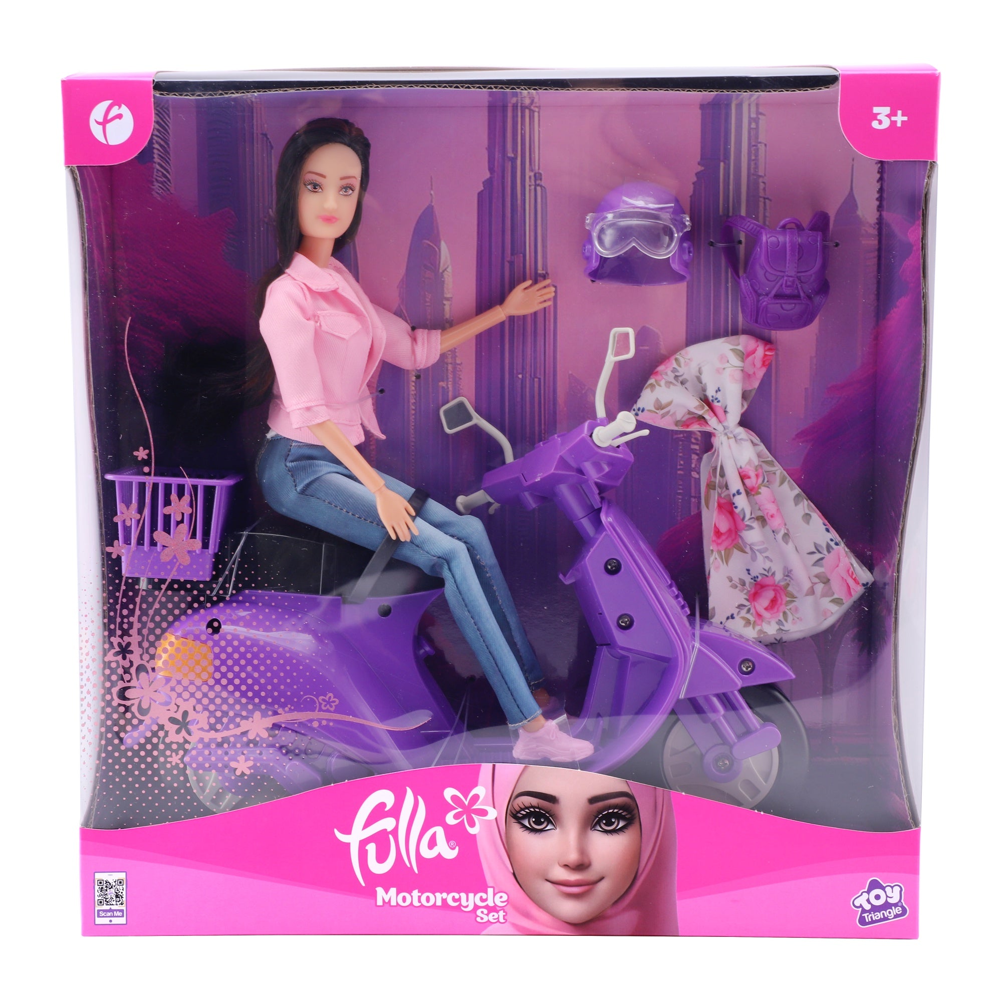Fulla Doll with Purple Motorbike Set, Includes Doll, Jeans, Scarf, Helmet, Schoolbag, Vehicle for Outdoor Play, Storytelling and Creative Imagination for Girls, Age 3+
