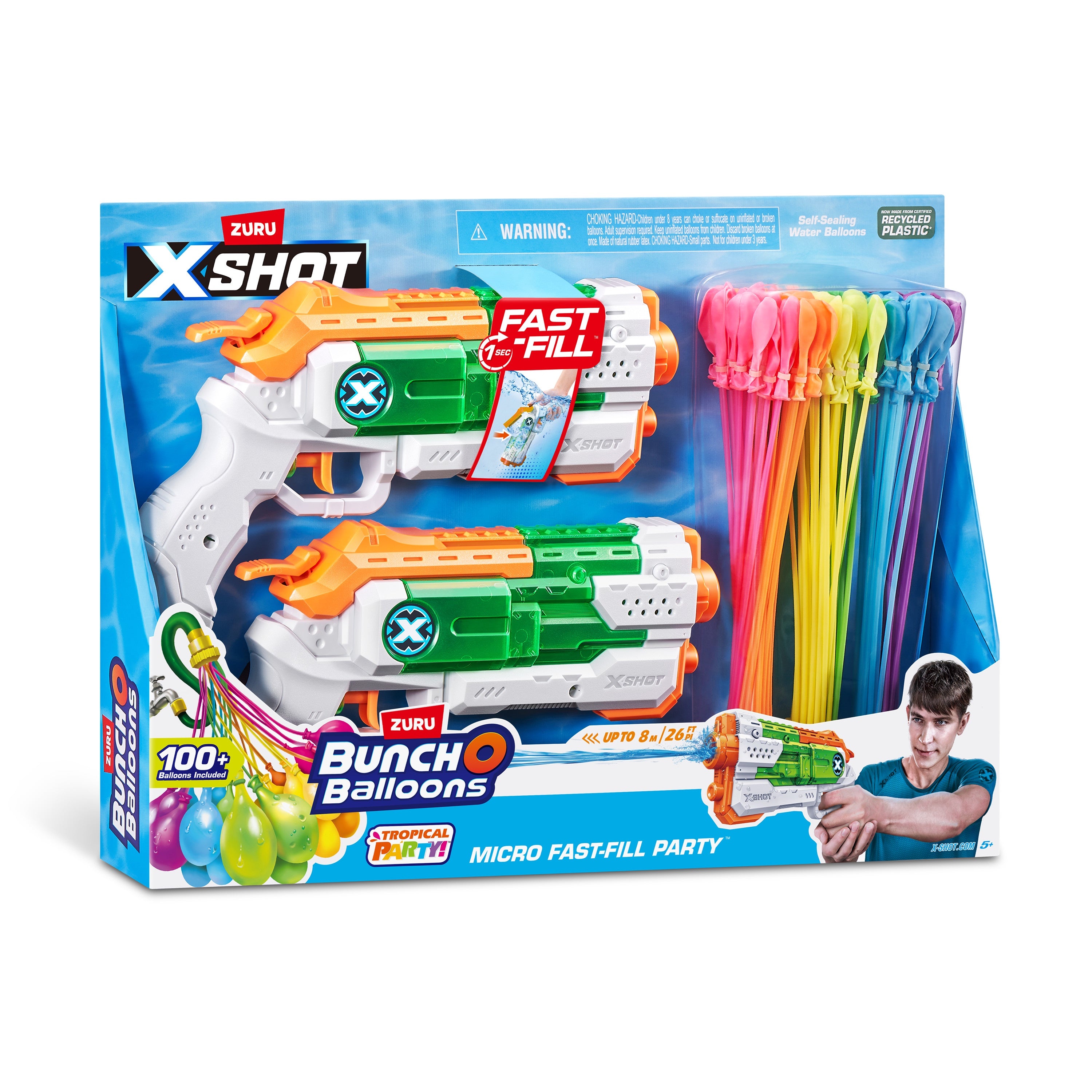 X-Shot Water Combo Fast Fill Blaster Set with 2 Micro Water Guns and 3 Tropical Party Bunch O Balloons, Quick Fill and Tie 100 Balloons in 60 Seconds, Outdoor Summer Water Toy Pack for Kids Age 6+