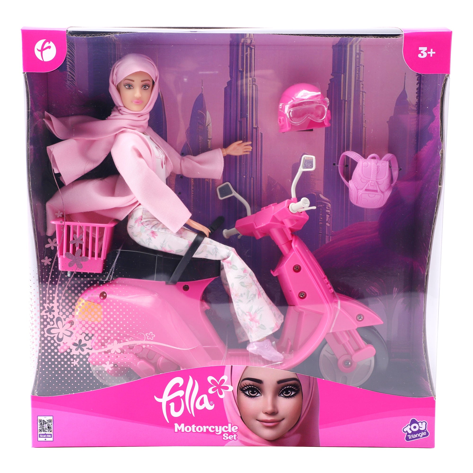 Fulla Doll with Pink Motorbike, Floral Pants, Jacket, Helmet and Headscarf, Fashion Doll Ride-On Adventure Set for Girls, Age 3+