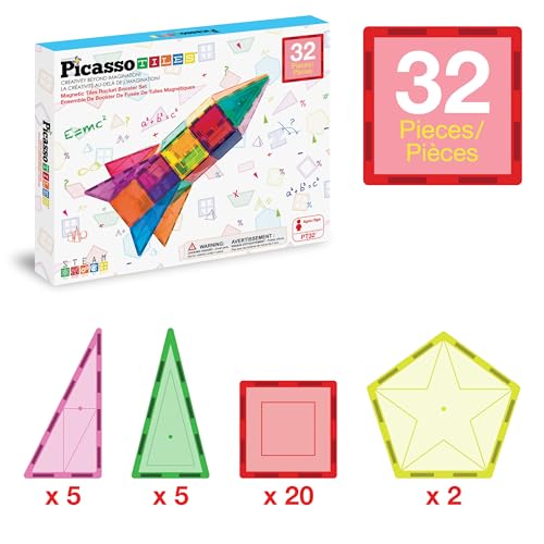 PicassoTiles 32 Piece Magnetic Building Block Rocket Booster Theme Set Magnet Construction Toy Educational Kit Engineering STEM Learning Playset Child Brain Development Stacking Blocks Playboard PT32
