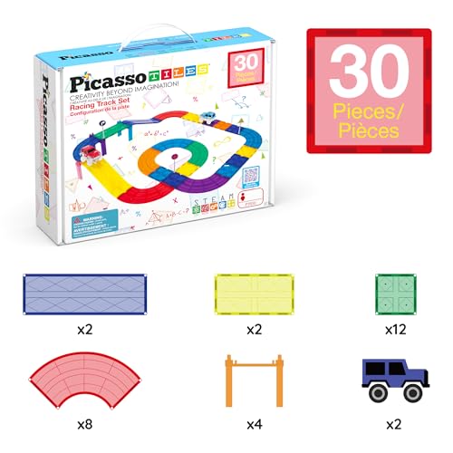 PicassoTiles Magnetic Race Car Track Building Block Educational Toy Set - 30 Piece
