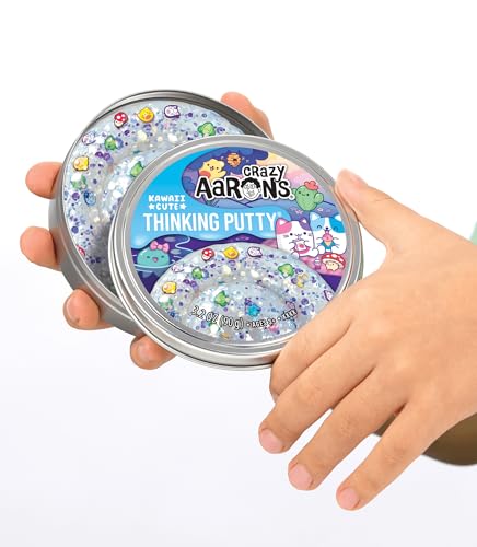 Crazy Aaron’s Trendsetters Kawaii Cute Thinking Putty, Clear Non-Sticky Sensory Putty with Color-Shifting Purple & Silver Glitter, Includes Kawaii Pieces, 90g Tin, Kids Sensory Toy, Ages 3+