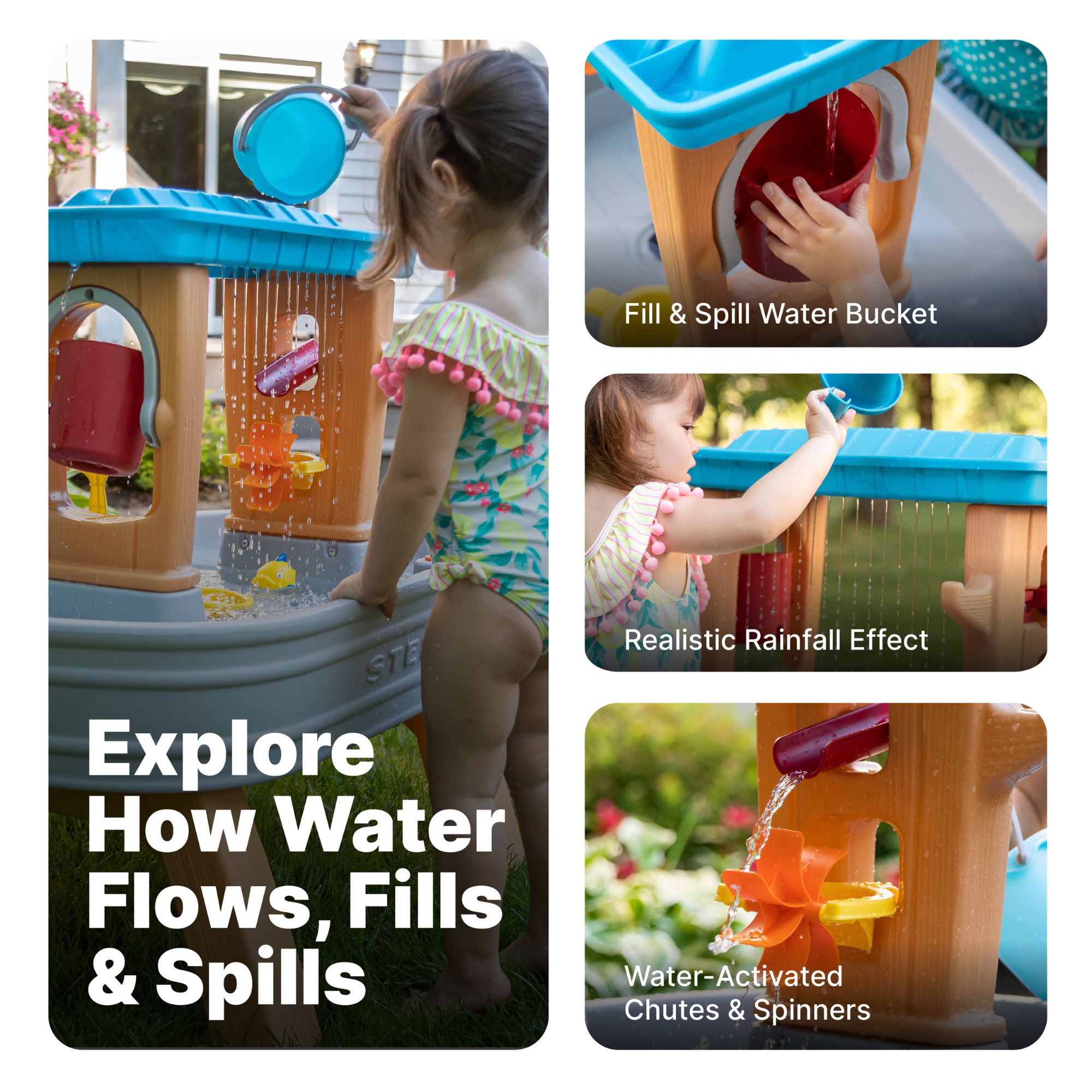 حوض استحمام مطري من ستيب 2، طاولة مياه خارجية، لعبة نشاط مع جدار دش مطري مزدوج الجوانب، مجموعة إكسسوارات من 10 قطع، مركز أنشطة في الفناء الخلفي، مناسب للأولاد والبنات من سن 18 شهرًا فما فوق