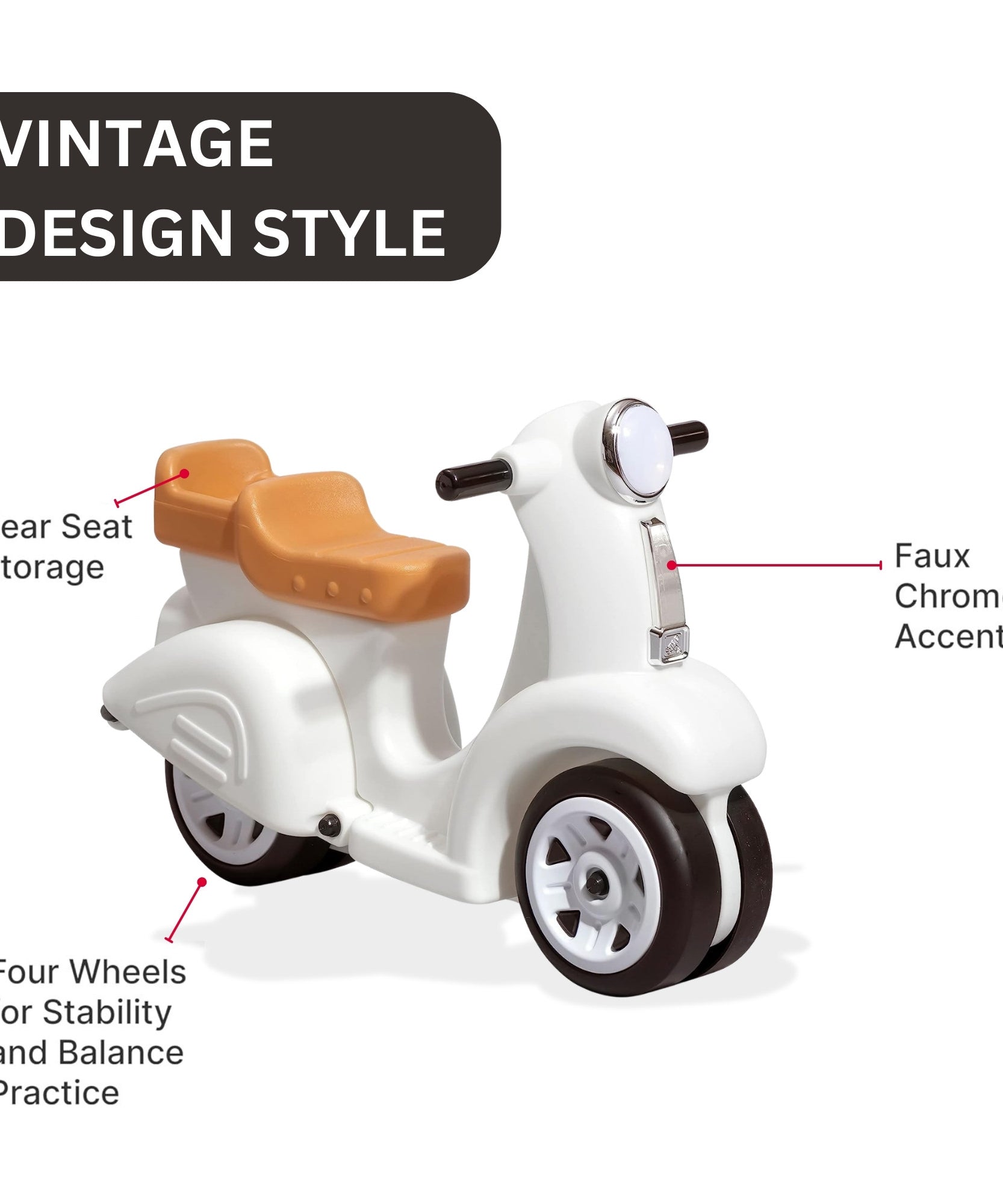 سكوتر ستيب 2 للأطفال، مقعد واحد، سهل التخزين، لعبة ركوب مع فتحة تخزين خلفية، مناسب للأطفال من الأولاد والبنات من سن 18 شهرًا فما فوق، لون أبيض