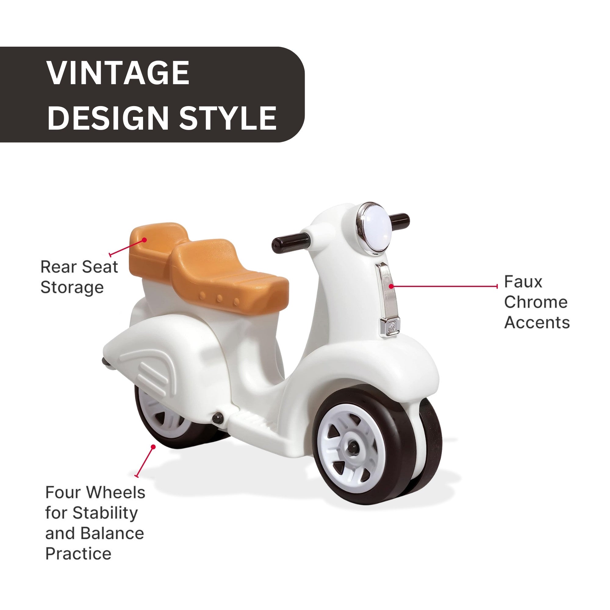 سكوتر ستيب 2 للأطفال، مقعد واحد، سهل التخزين، لعبة ركوب مع فتحة تخزين خلفية، مناسب للأطفال من الأولاد والبنات من سن 18 شهرًا فما فوق، لون أبيض