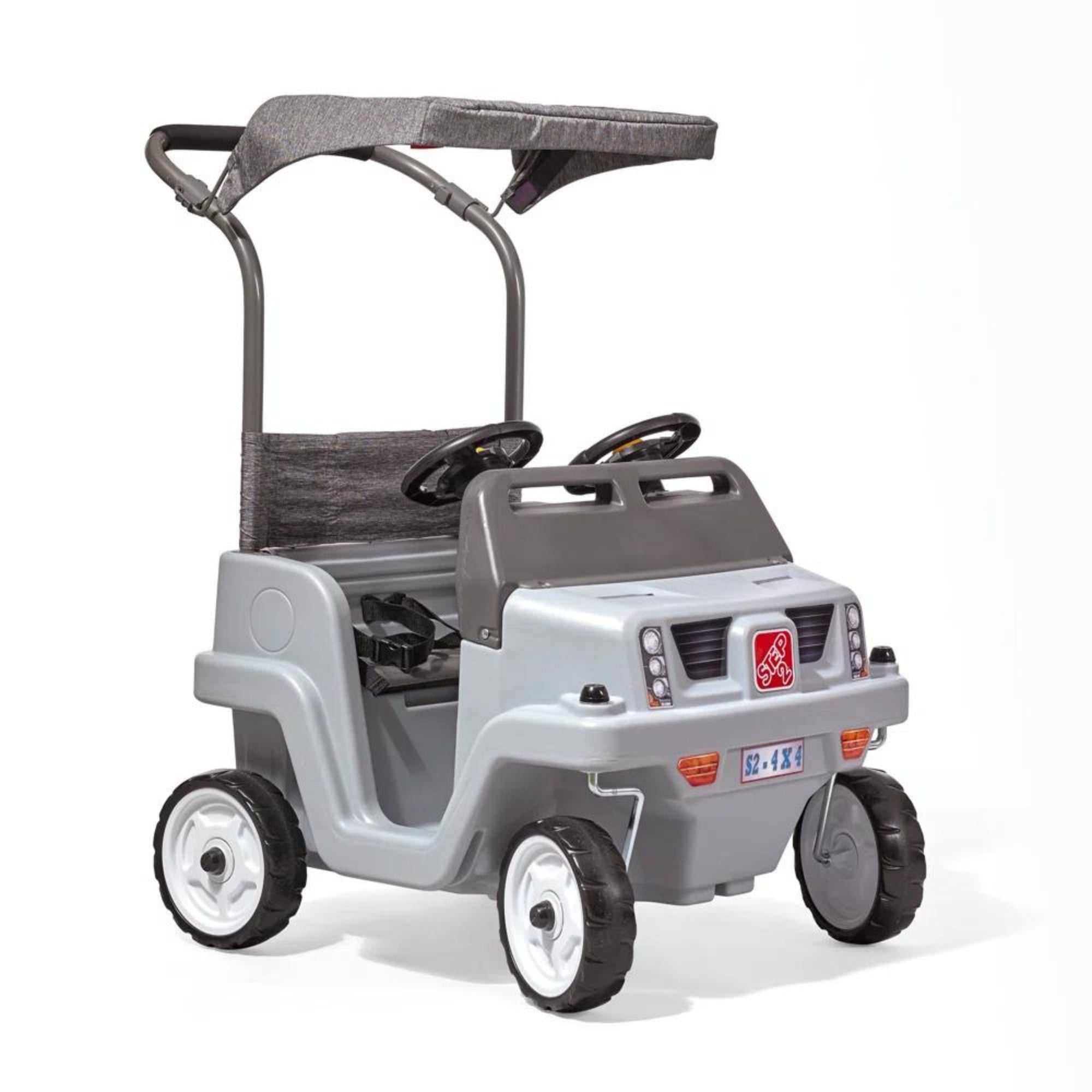 سيارة دفع رباعي جانبية من ستيب 2، سيارة دفع للأطفال بمقعدين مع مظلة، لعبة سهلة التخزين مع حزام أمان وبوق وتخزين أسفل المقعد، مناسبة للأطفال من الأولاد والبنات من سن 18 شهرًا فما فوق، باللون الأزرق والرمادي