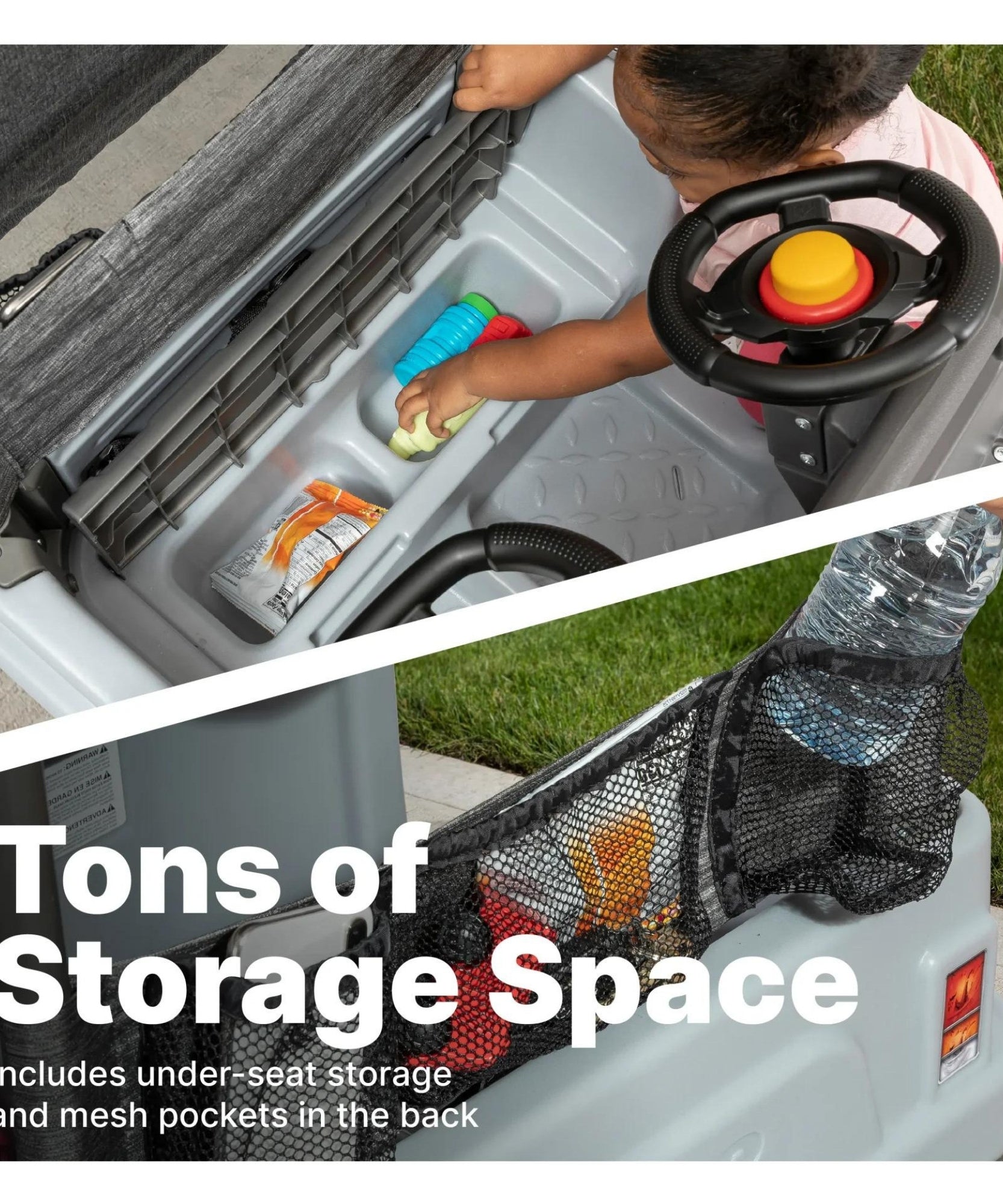 سيارة دفع رباعي جانبية من ستيب 2، سيارة دفع للأطفال بمقعدين مع مظلة، لعبة سهلة التخزين مع حزام أمان وبوق وتخزين أسفل المقعد، مناسبة للأطفال من الأولاد والبنات من سن 18 شهرًا فما فوق، باللون الأزرق والرمادي