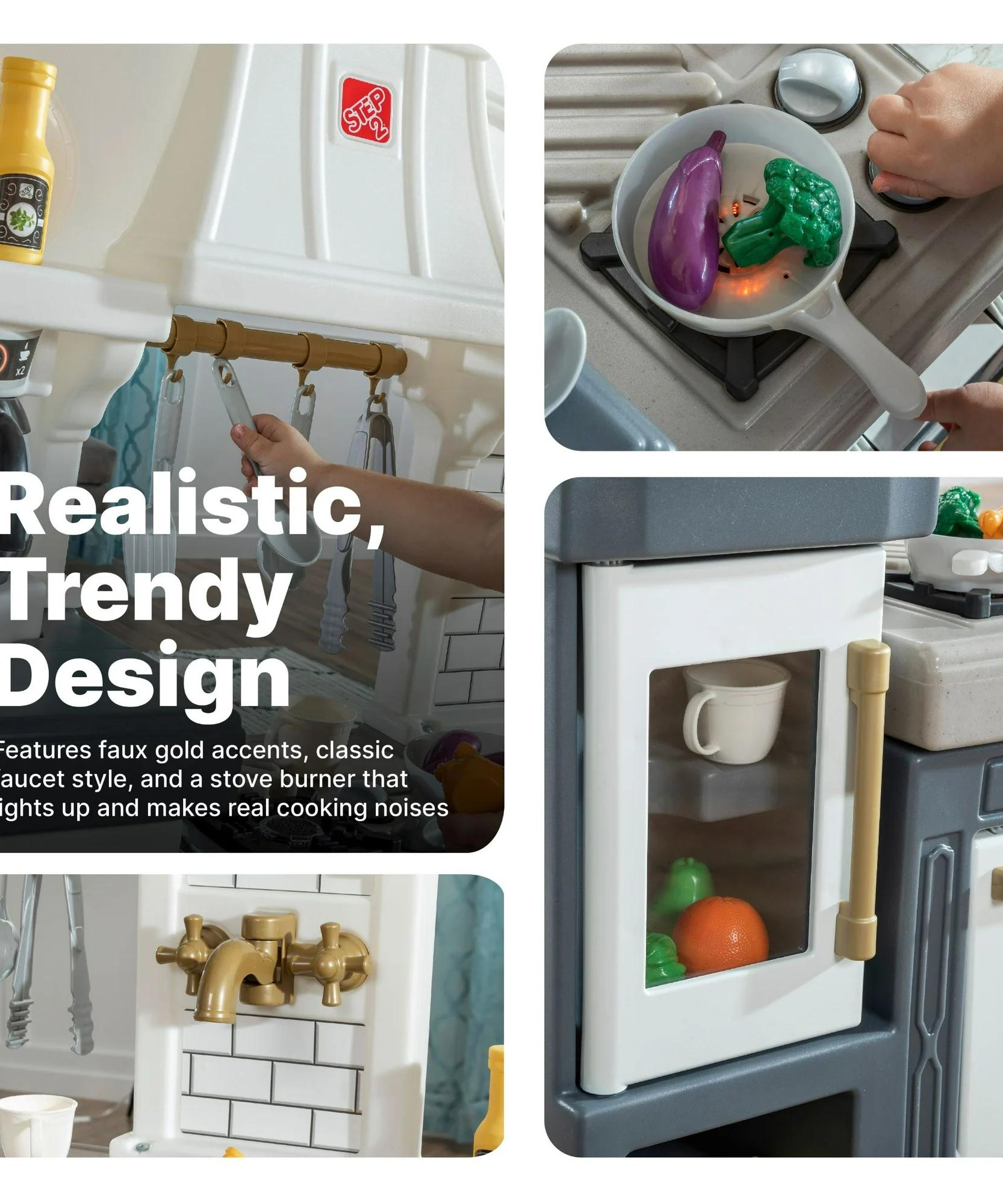 مجموعة ألعاب مطبخ ستيب 2 المذهبة مع 25 قطعة من الملحقات بما في ذلك الأواني والمقالي والفولك والملعقة، لعبة لعب الأدوار الداخلية والخارجية مناسبة للأطفال من الأولاد والبنات من سن 2+